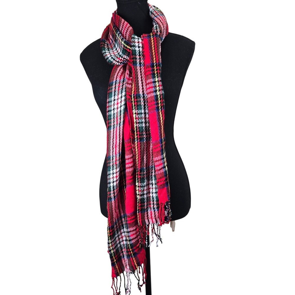 Rayon Plaid Scarf Red Green White Multi‎ Color Fringed Tartan Winter Outdoors